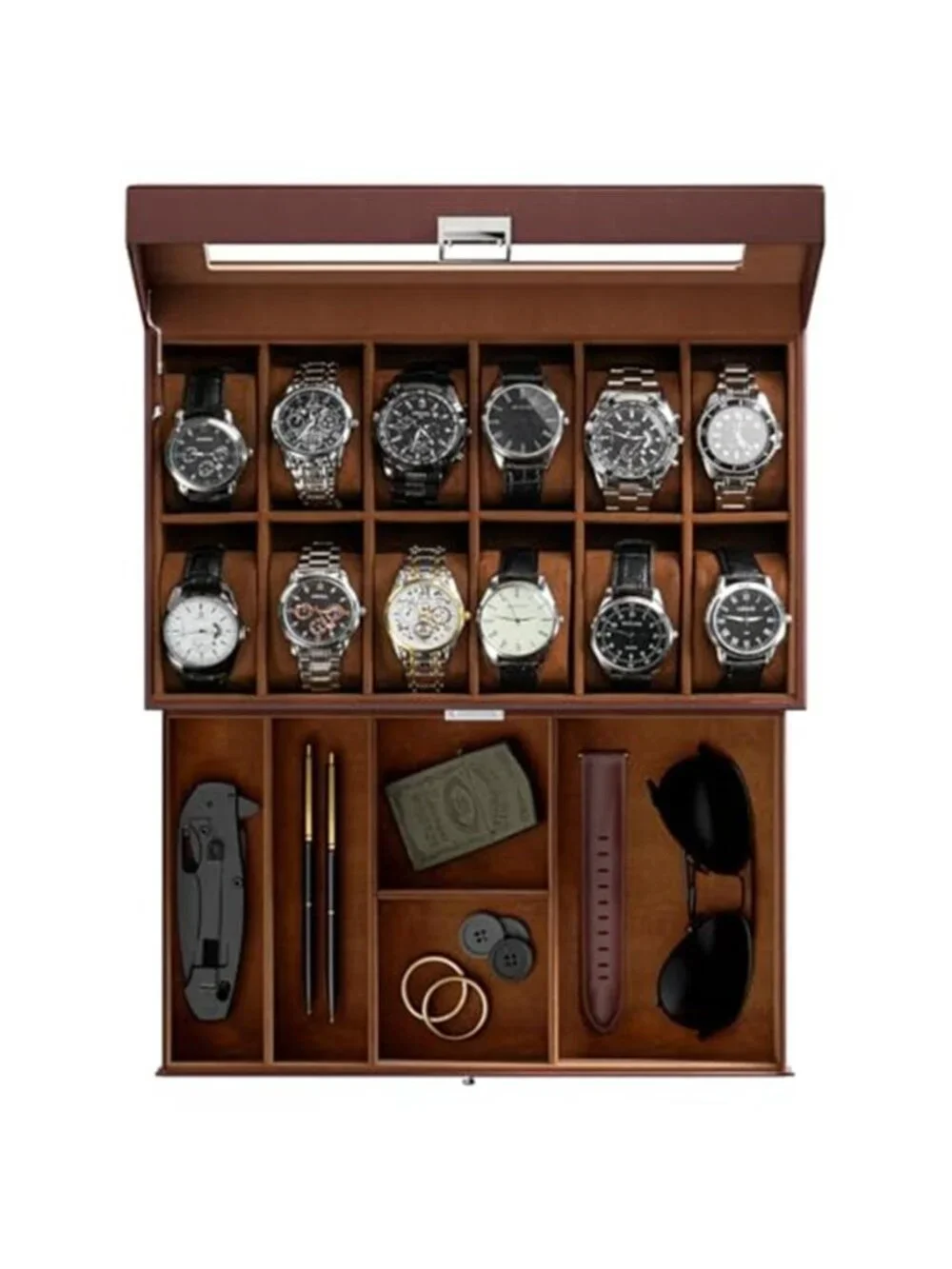 Watch Box, Fathers Day Gift for Dad, 12 Slot Mens Watch Case With